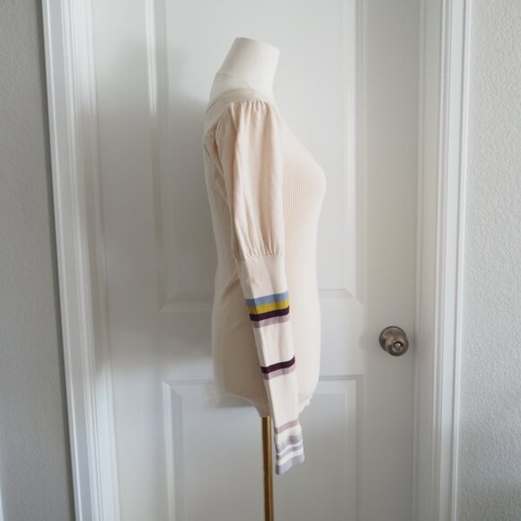 Free People Cream Long Puffed Striped Sleeve Ribbed Knit Sweater Sz Medium Boho - Picture 3 of 15
